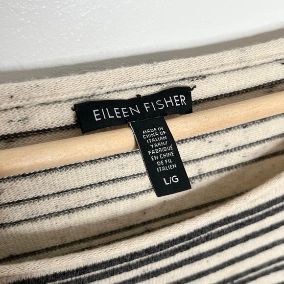 Eileen Fisher Womens Cotton Wool Pullover Sweater Large Beige Black Stripe Boxy - Picture 5 of 8